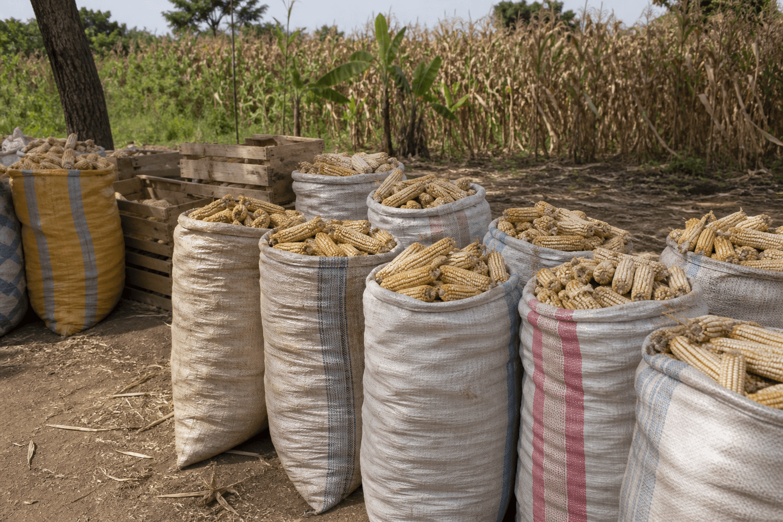 Harvested maize in sacks at the edge of a plot